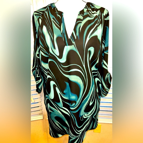 Worthington OX 100% polyester emerald green/black quarter button sleeve - Picture 1 of 7